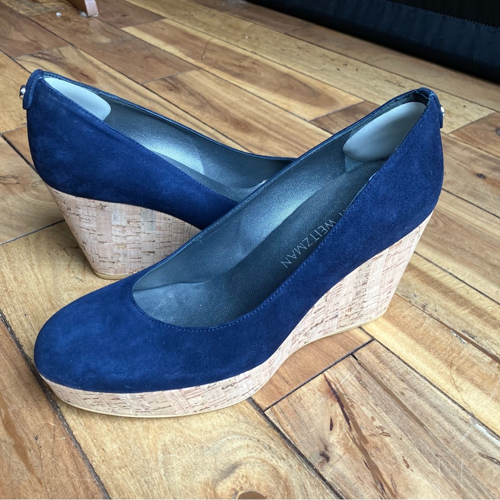 Stuart Weitzman Corkswoon Navy Blue Designer Wedges Size 7.5